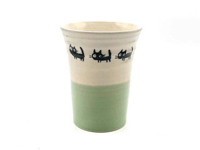 釉彩ねこ　陶コップ（緑）