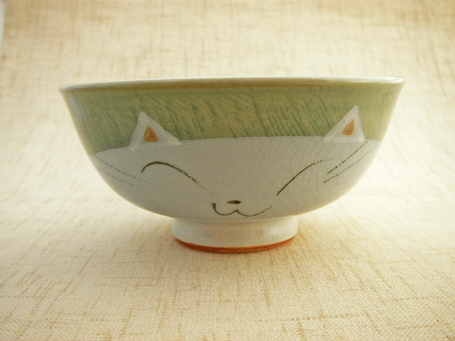 のほほん猫　飯碗（緑）