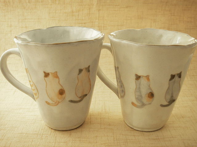 【和食器　猫柄　マグカップ】フレンドキャット　マグカップ（茶・グレー）