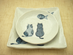 【和食器　小皿】一珍藍ねこ　角皿　小皿
