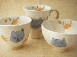 【和食器 猫柄 ご飯茶わん 湯呑 マグカップ】花ねこ シリーズ