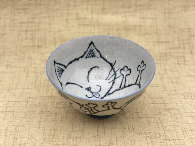 カヤメねこ飯碗（中ブルー）